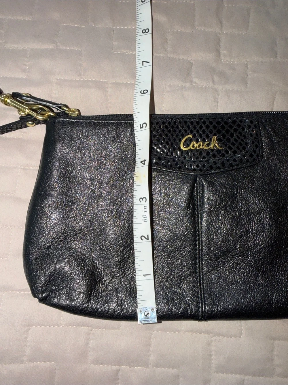 Coach Ashley Black Leather Wristlet Shoulder Bag with Gold-Tone Cursive Logo
